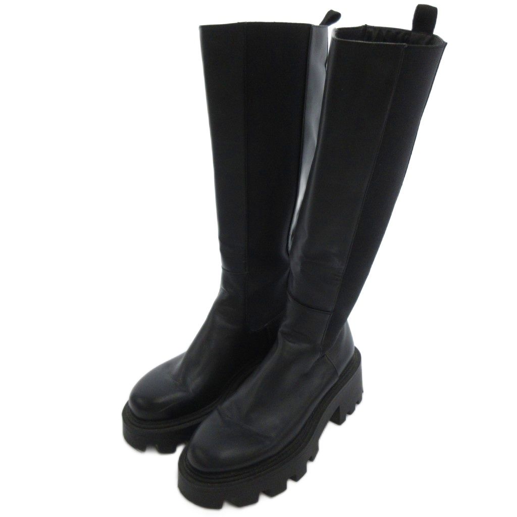 ザラ ZARA ロングブーツ サイドゴア トラックソール 37 ブラック /UO