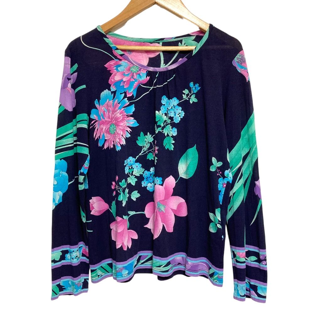 美品 レオナールファッション ギャザーネック ロングスリーブ フラワー