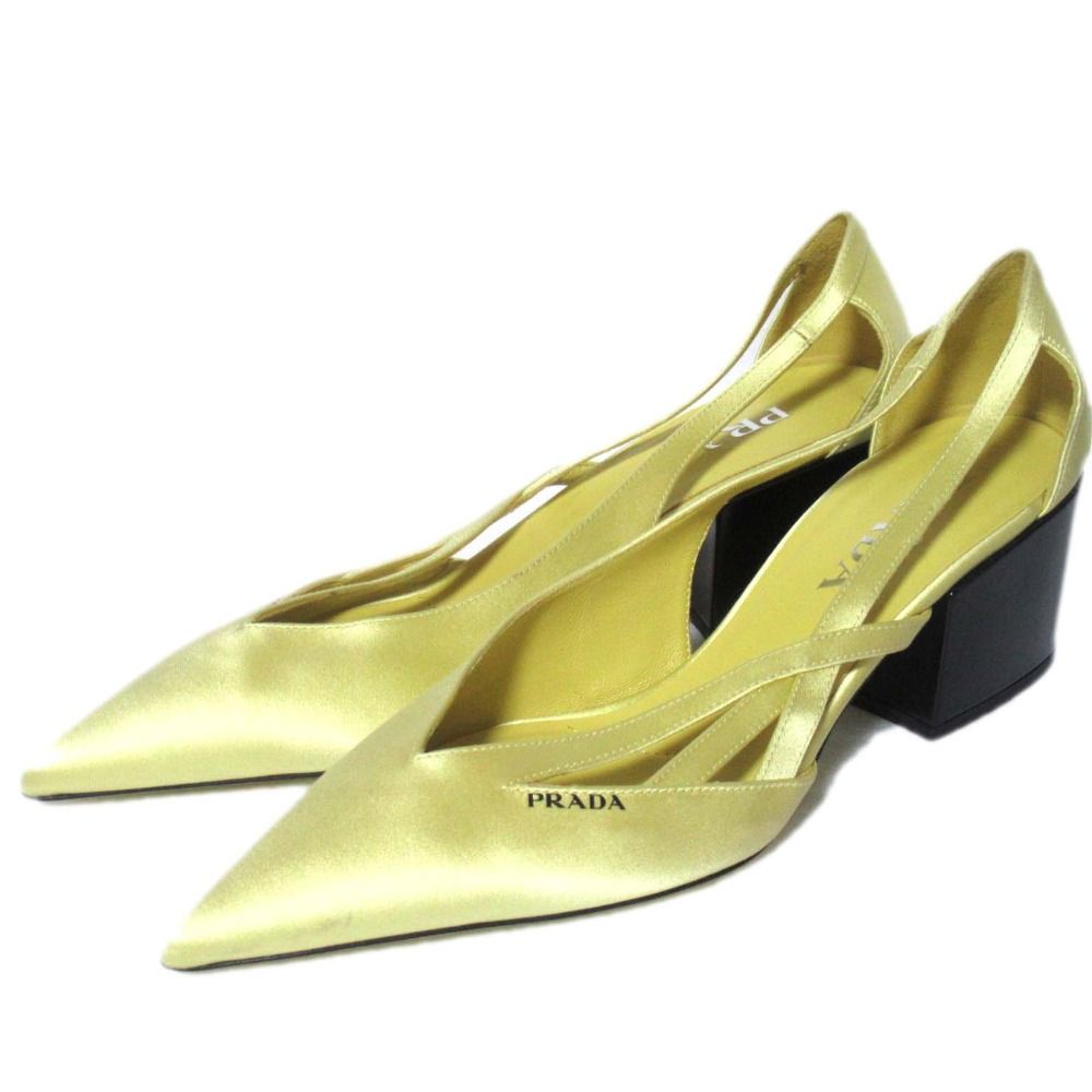 新品同様 PRADA プラダ ポインテッドトゥ チャンキーヒール サテン