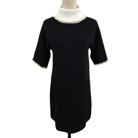 レディ Rady ワンピース チュニック ニット Iライン ミニ タートルネック バイカラー パール 無地 五分袖 M 黒 白 ブラック ホワイト