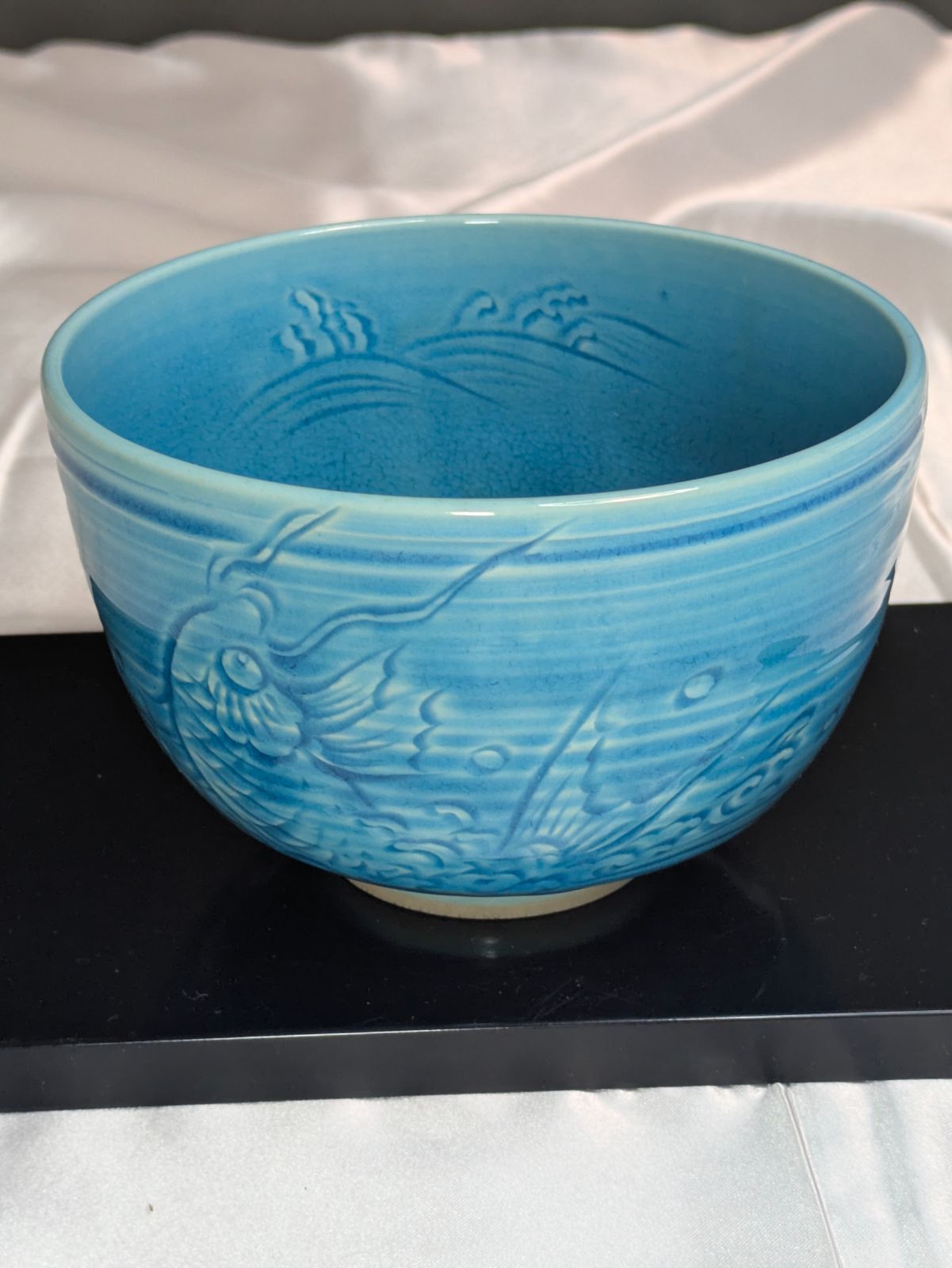 平安 叶松谷 松谷窯 浅黄交趾荒磯茶碗 交趾焼 抹茶碗 共箱 無傷 茶道具