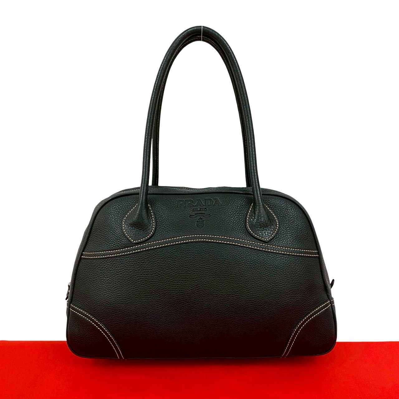 極 美品 希少品 PRADA プラダ ロゴ 刻印 ステッチ レザー 本革
