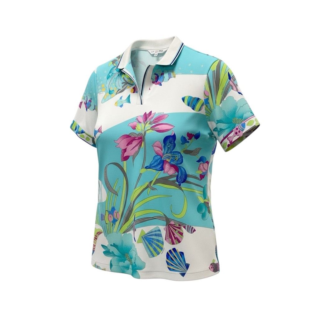 5c6 LEONARD レオナール 半袖ポロシャツ 美しいプリント 魚 花柄