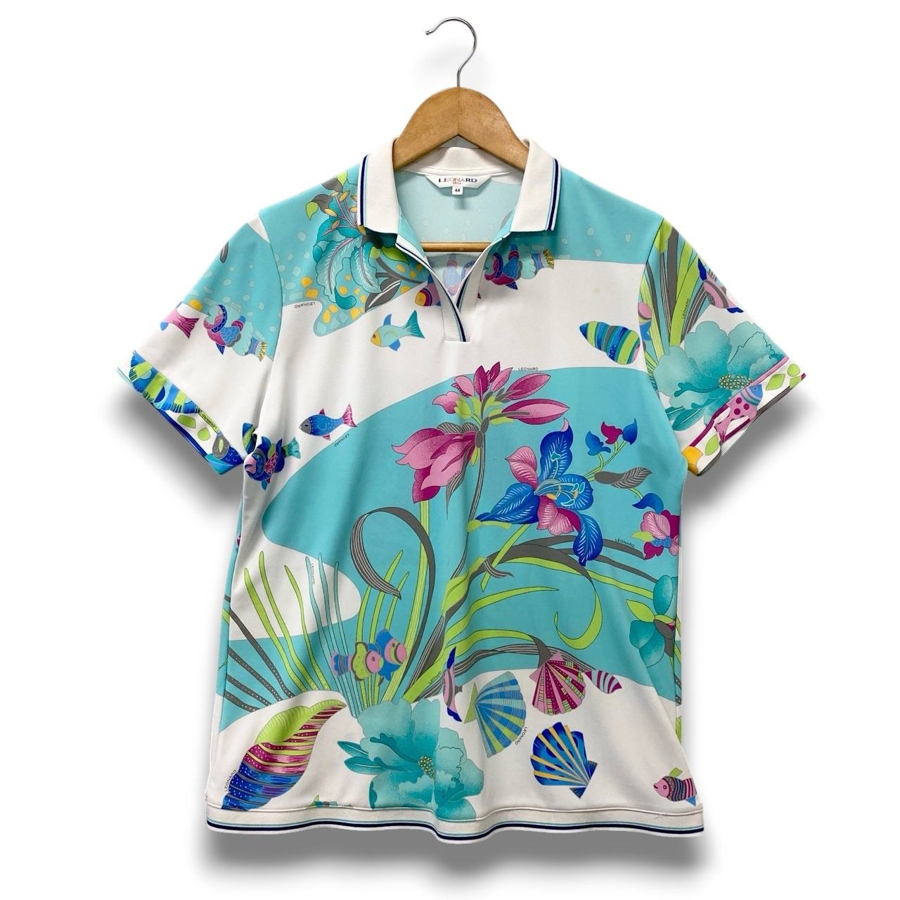 5c6 LEONARD レオナール 半袖ポロシャツ 美しいプリント 魚 花柄