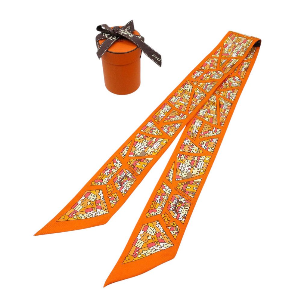 美品 エルメス ツイリー 右岸と左岸 スカーフ シルク オレンジ/マルチ
