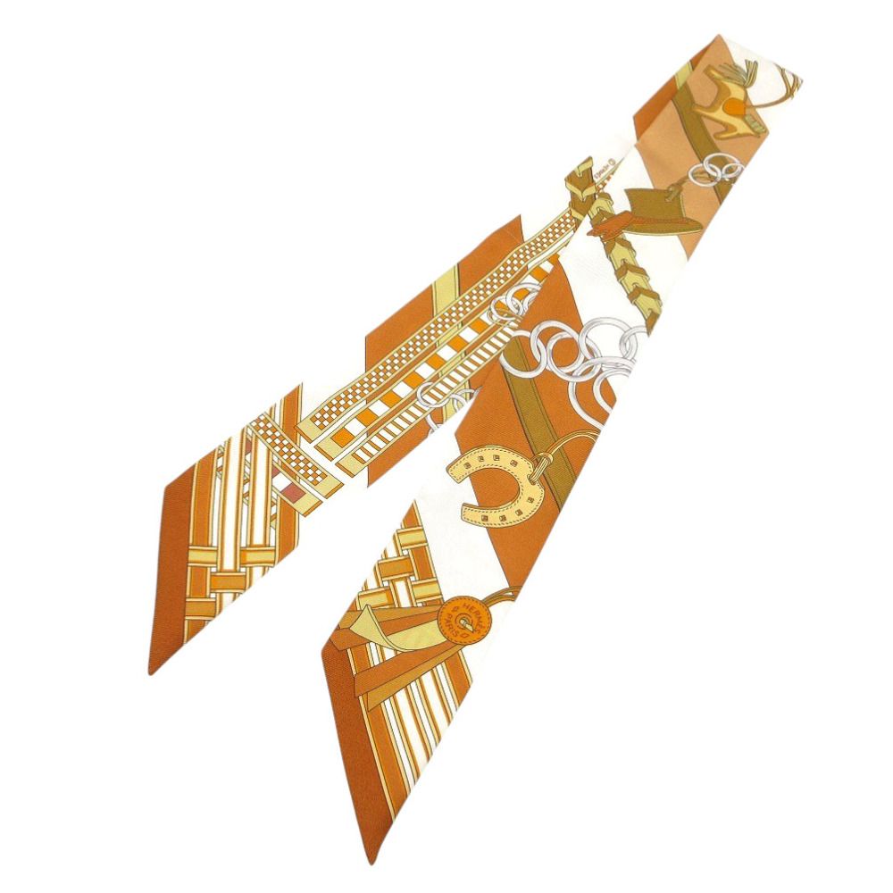 美品 エルメス ツイリー 馬勒とチャーム スカーフ シルク キャラメル