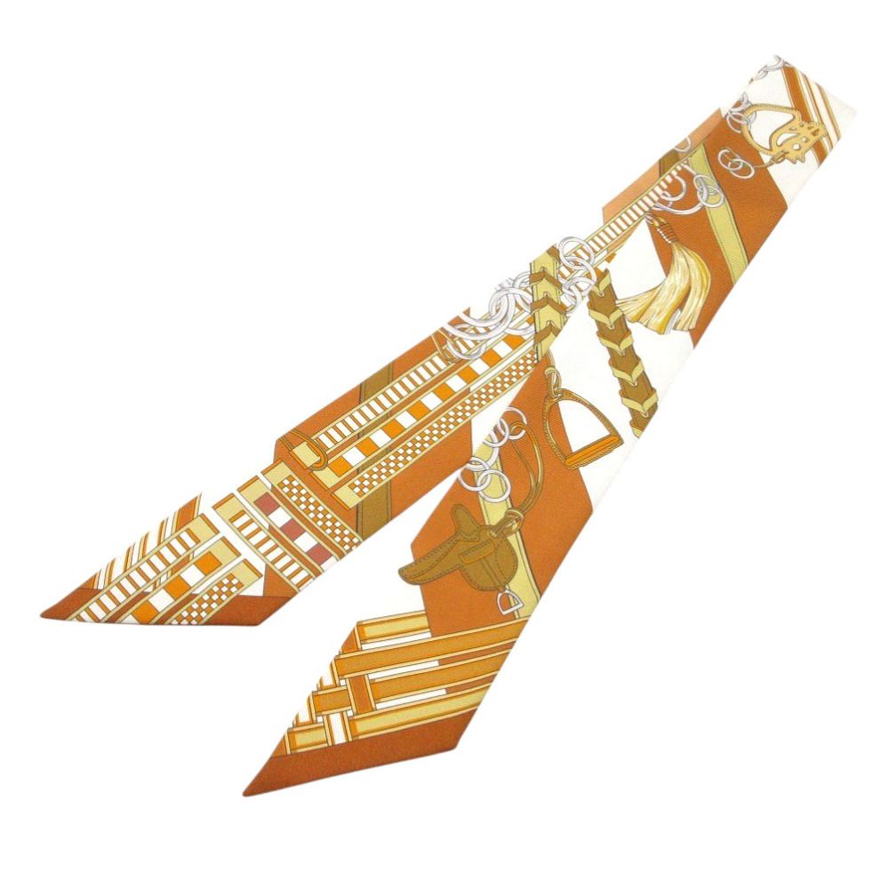 美品 エルメス ツイリー 馬勒とチャーム スカーフ シルク キャラメル