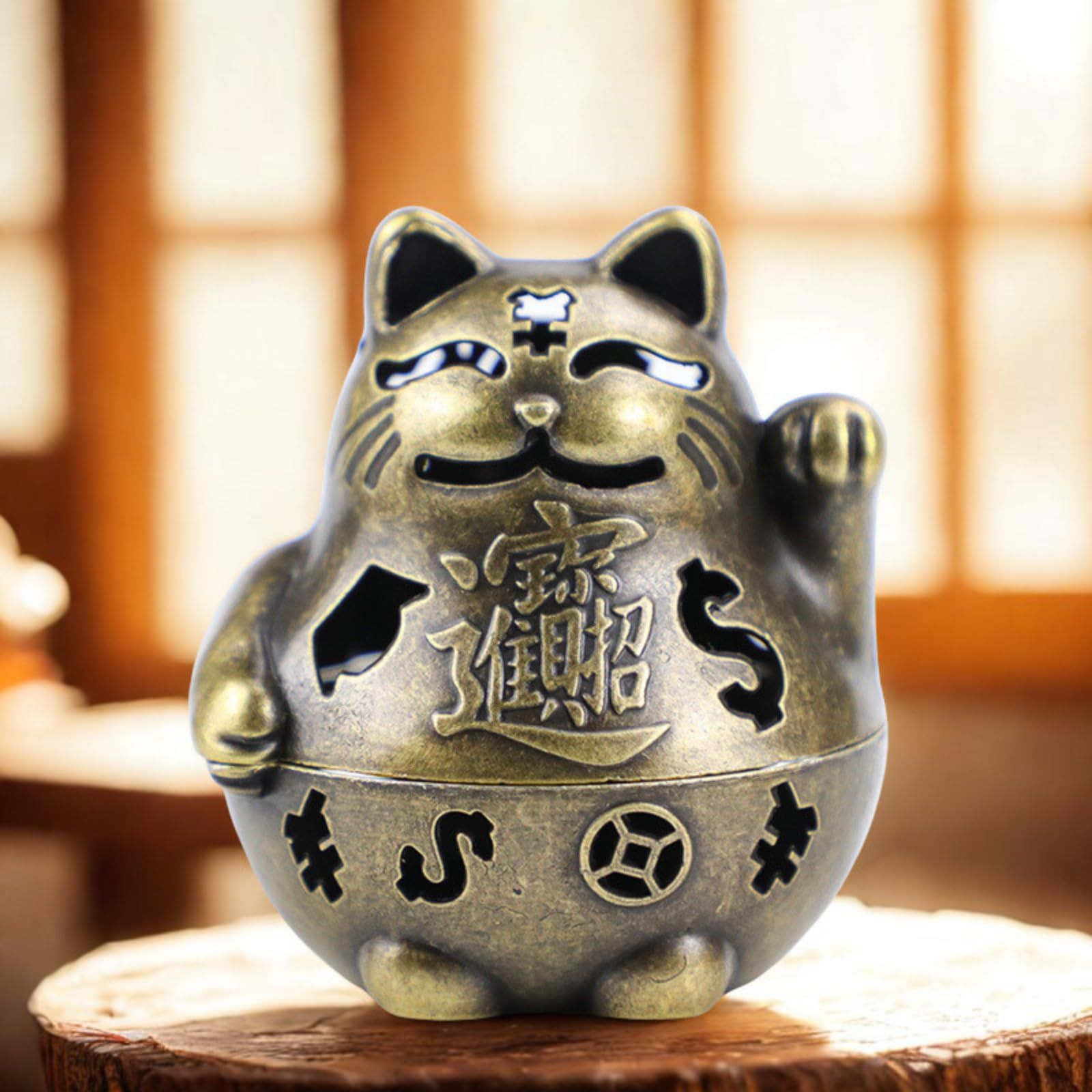 良品CUORA】招き猫 香炉 ブロンズ製 小型 左手 看板タイプ 縁起物 商売