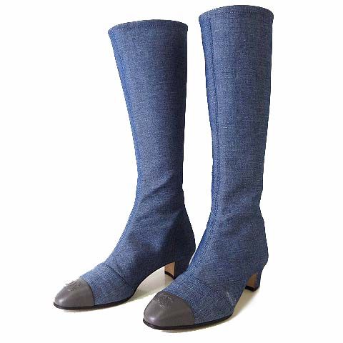 シャネル CHANEL 17S ブーツ デニム ロングブーツ ココマーク 本革