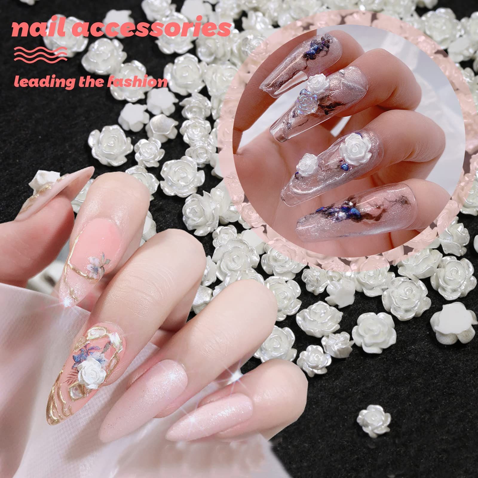 白い花 パール風 バラ カメリア 立体 椿 3dパーツ 6mm 200個セット 8mm