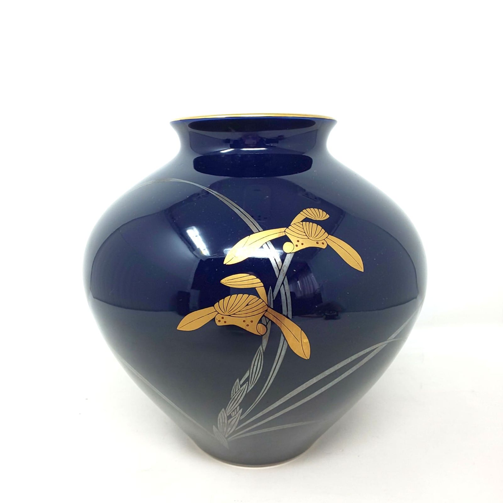 1463C-01 香蘭社 KORANSHA 花器 花瓶 花入れ 金彩 瑠璃色 蘭 飾り壺 箱