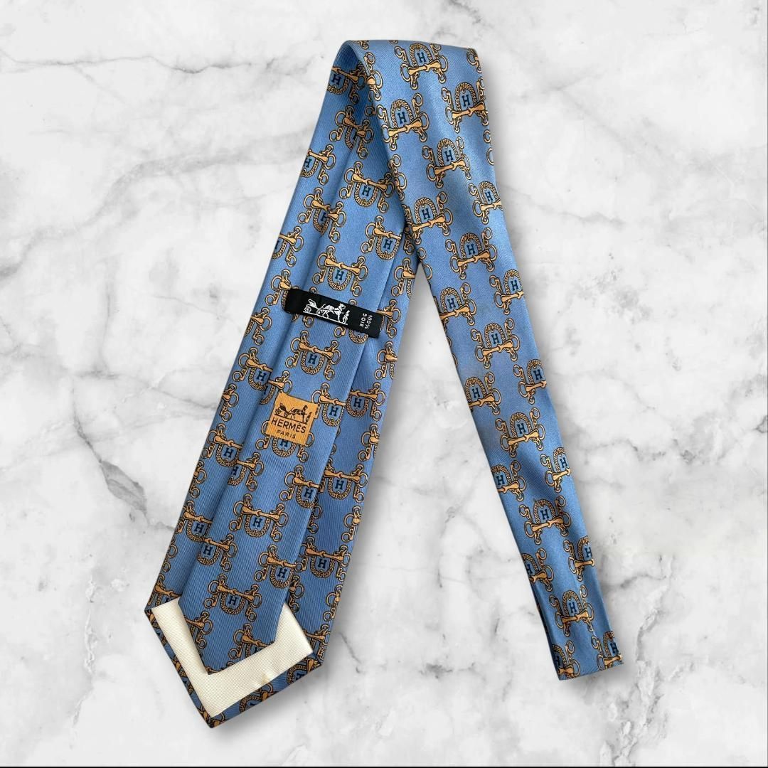 HERMES エルメス ネクタイ シルク ブルー 総柄 Hロゴ フランス製