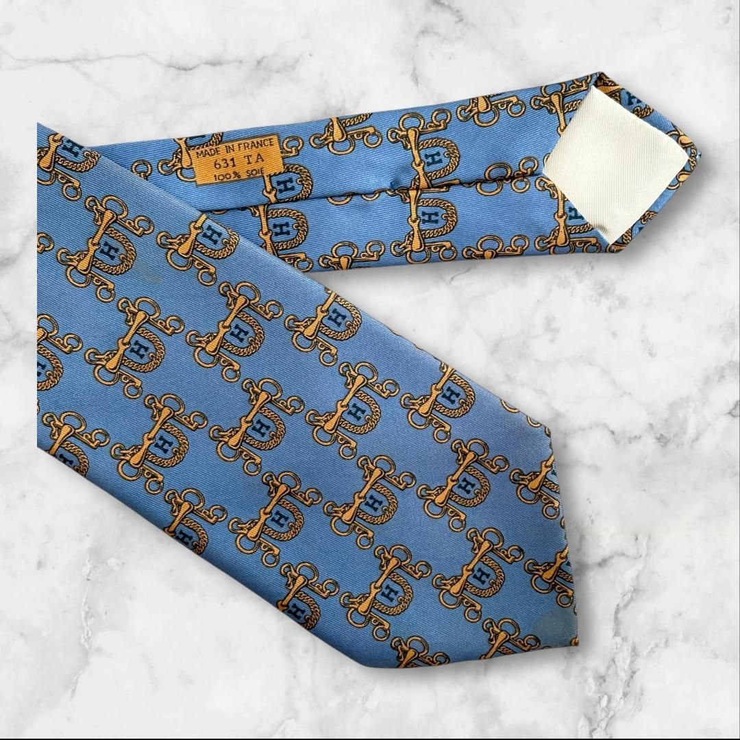 HERMES エルメス ネクタイ シルク ブルー 総柄 Hロゴ フランス製