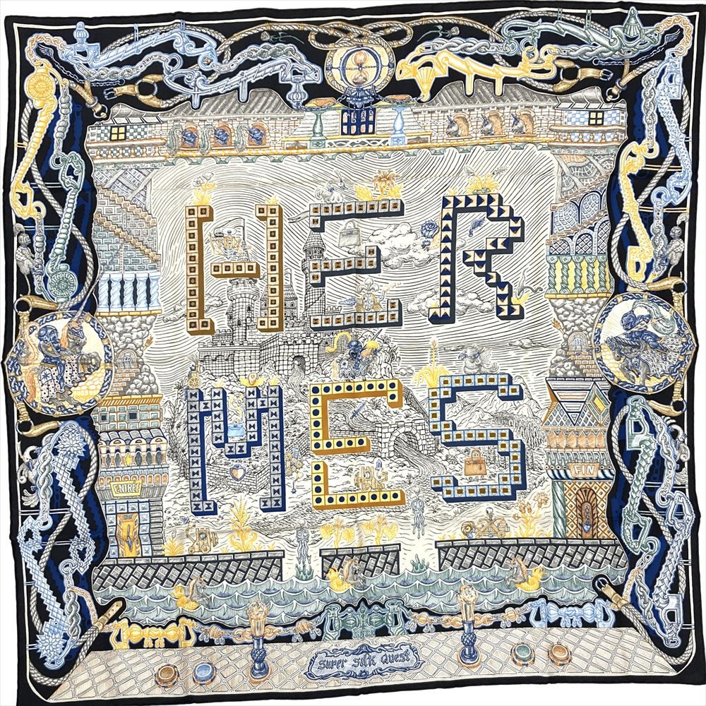 エルメス HERMES カレ90 SUPER SILK QUEST スカーフ シルク ブラック 