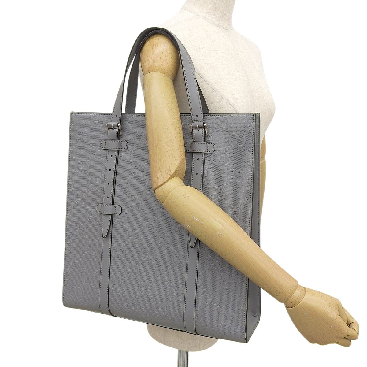 GUCCI(グッチ) GGエンボス トートバッグ 肩掛け 2WAY レザー グレー 