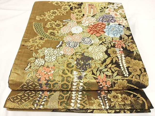 平和屋着物◎六通柄袋帯 唐織 御所車花文 金糸 やまと誂製 正絹 逸品