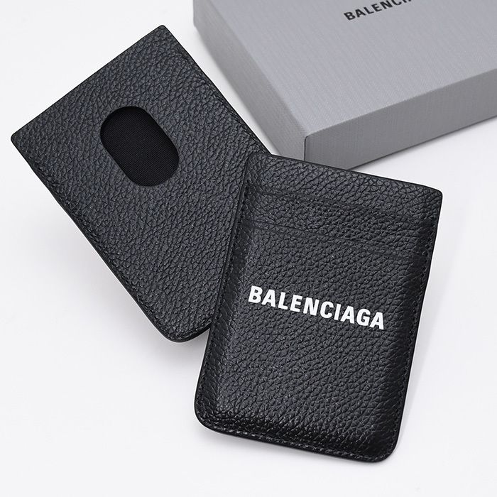 BALENCIAGA バレンシアガ スマホ カードケース CASH マグネットカードホルダー 675835 2AAYH メンズ ユニセックス ブラック レザー 磁気 ロゴプリント