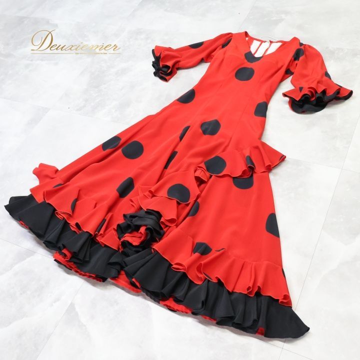 フラメンコ 衣装 ワンピース ドレス ブラック系 レッド系 黒 赤 水玉