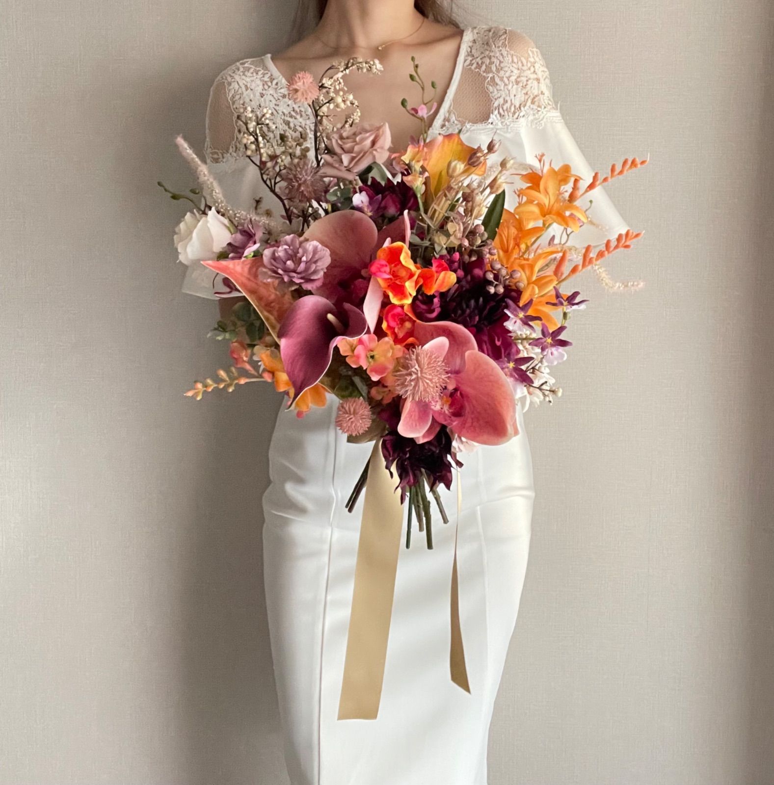 Burgundy orange クラッチブーケ ウェディングブーケ ブートニア