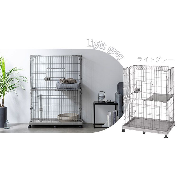 キャットケージ グレー2段　未使用品 公式】猫 ケージ 2段 ワイド キャスター付 扉 大きい お掃除簡単 木目