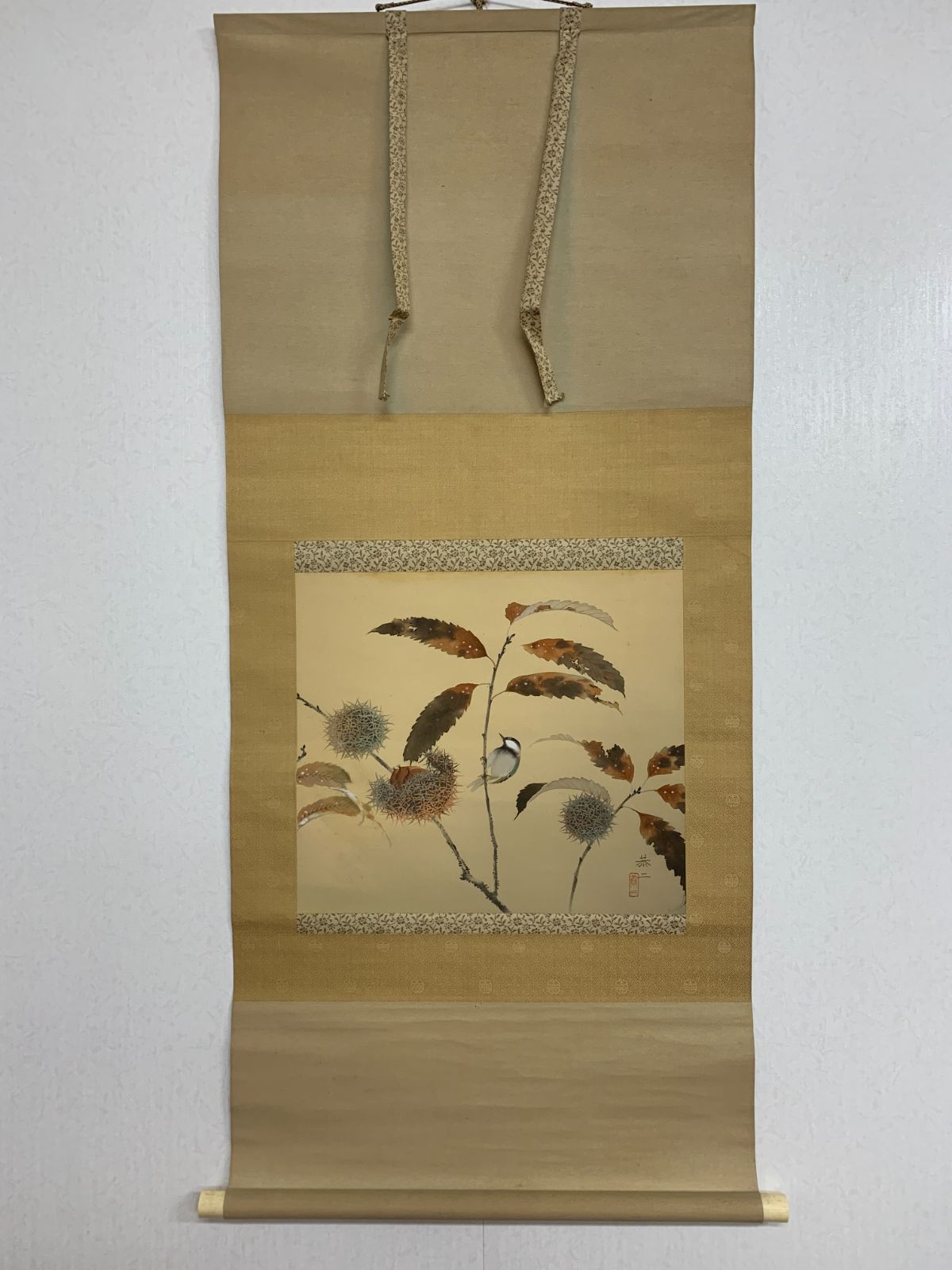 掛け軸】371 恭二「栗に四十雀」花鳥 #茶掛 #掛軸 #古美術 #骨董 #お