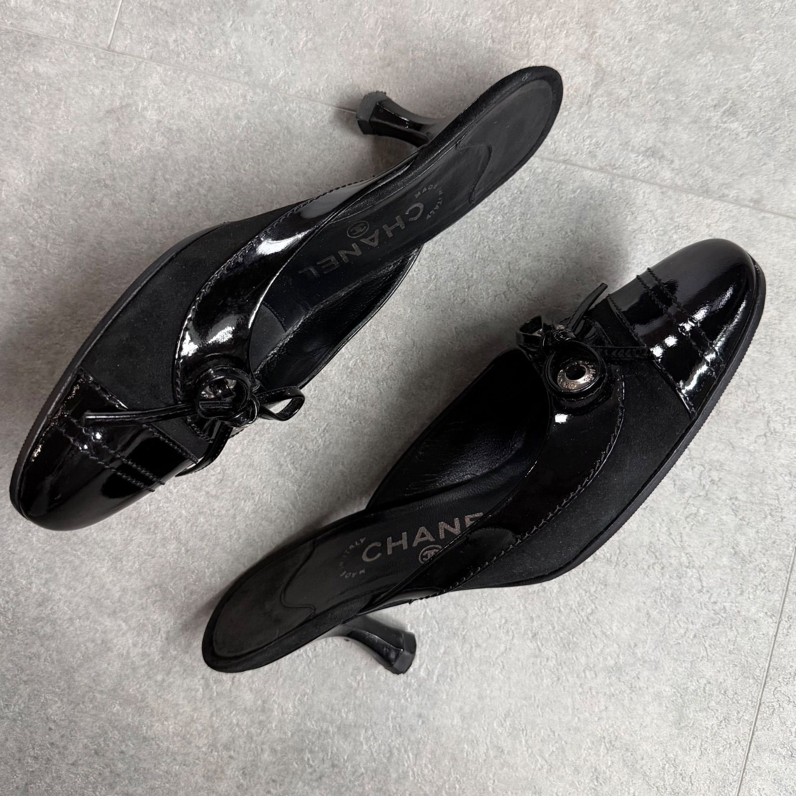 美品 CHANEL シャネル リボンパンプス ミュール ココマーク レザー