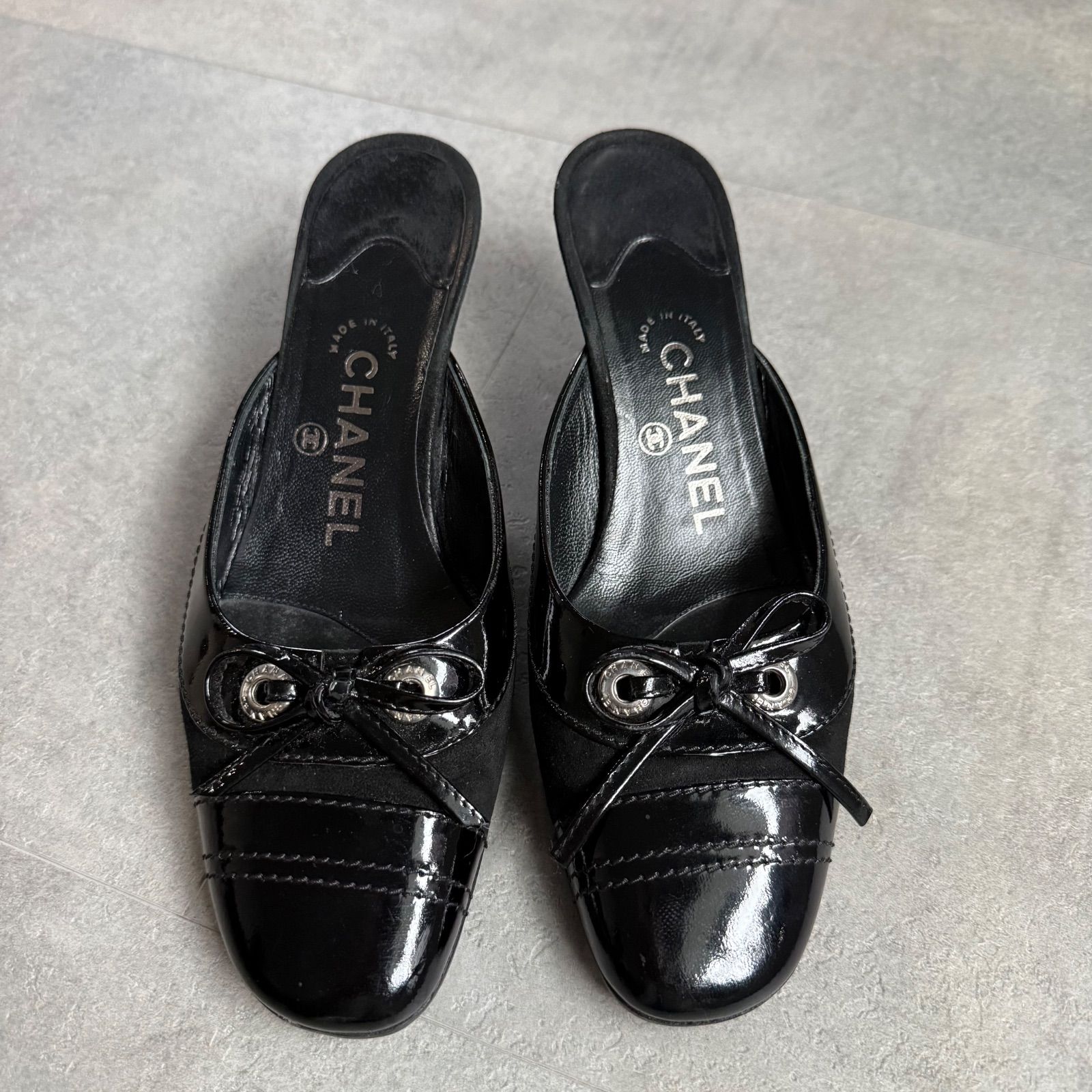 美品 CHANEL シャネル リボンパンプス ミュール ココマーク レザー