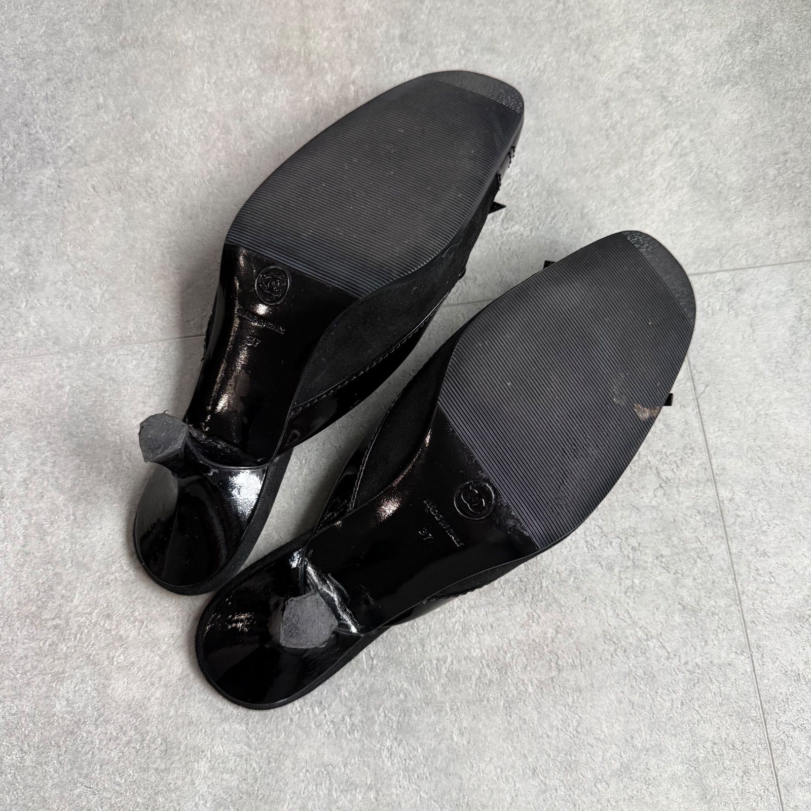 美品 CHANEL シャネル リボンパンプス ミュール ココマーク レザー