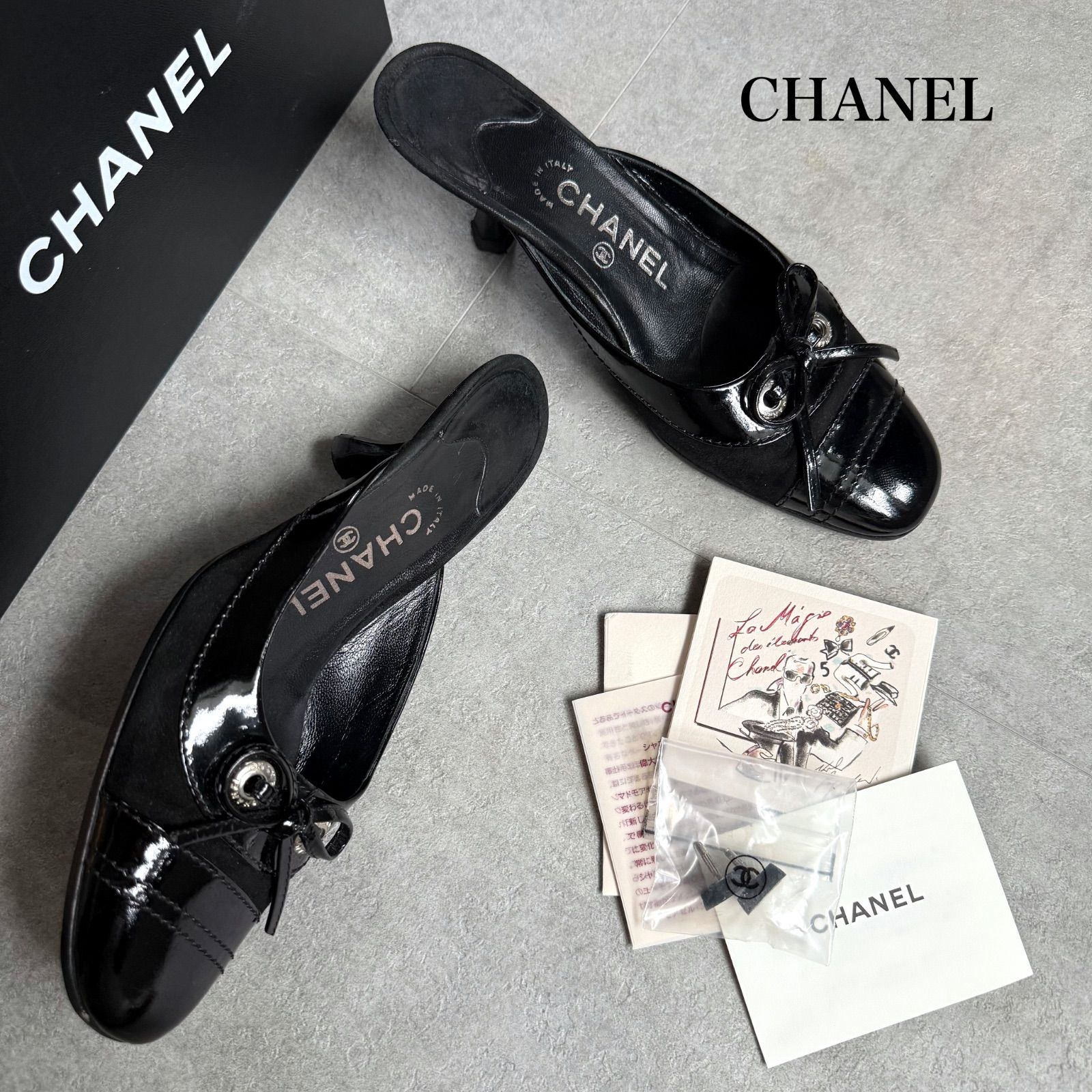 美品 CHANEL シャネル リボンパンプス ミュール ココマーク レザー
