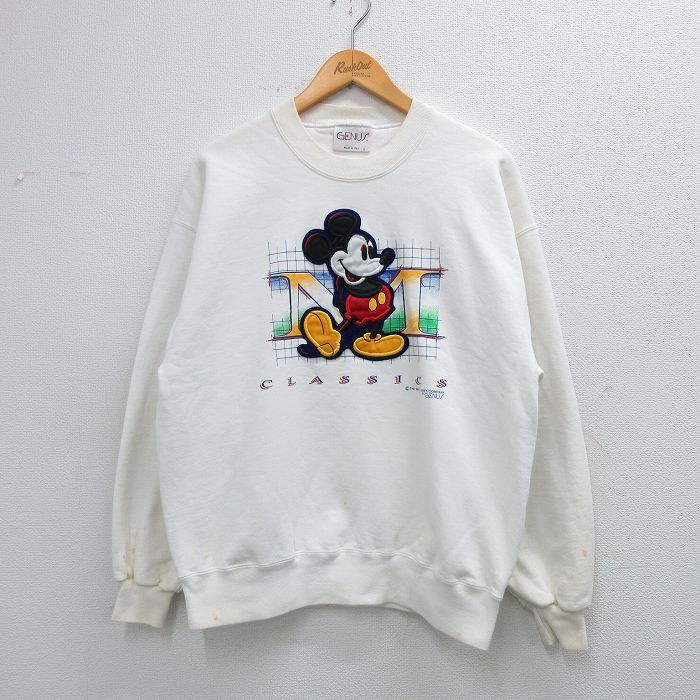 L/古着 長袖 スウェット メンズ 90年代 90s ディズニー ミッキー 刺繍