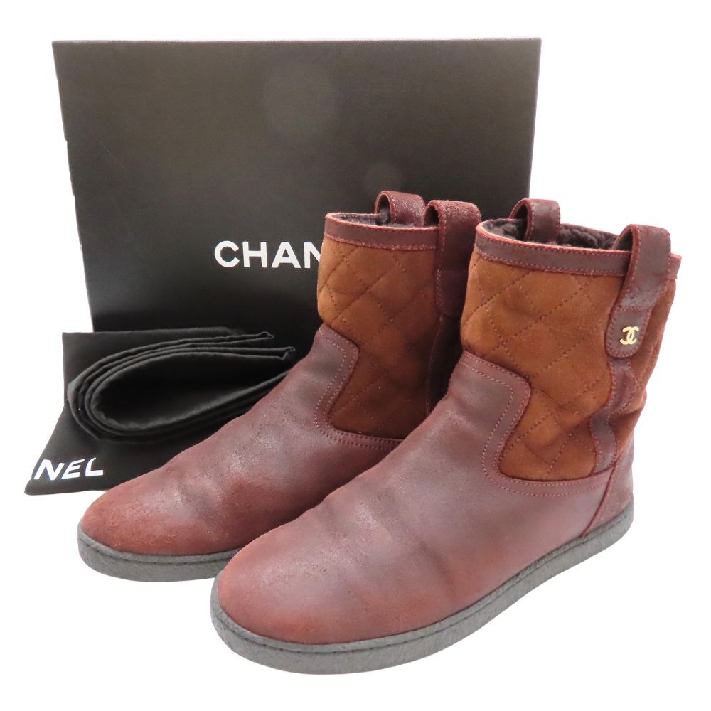 中古】CHANEL シャネル ムートンブーツ マトラッセ ボルドー アンクル 中古】CHANEL シャネル ムートンブーツ マトラッセ ボルドー アンクル