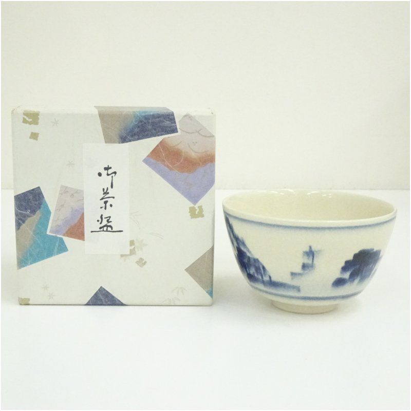 京焼 竜仙造 染付山水茶碗（紙箱） 茶道 抹茶 おしゃれ 抹茶茶碗 抹茶