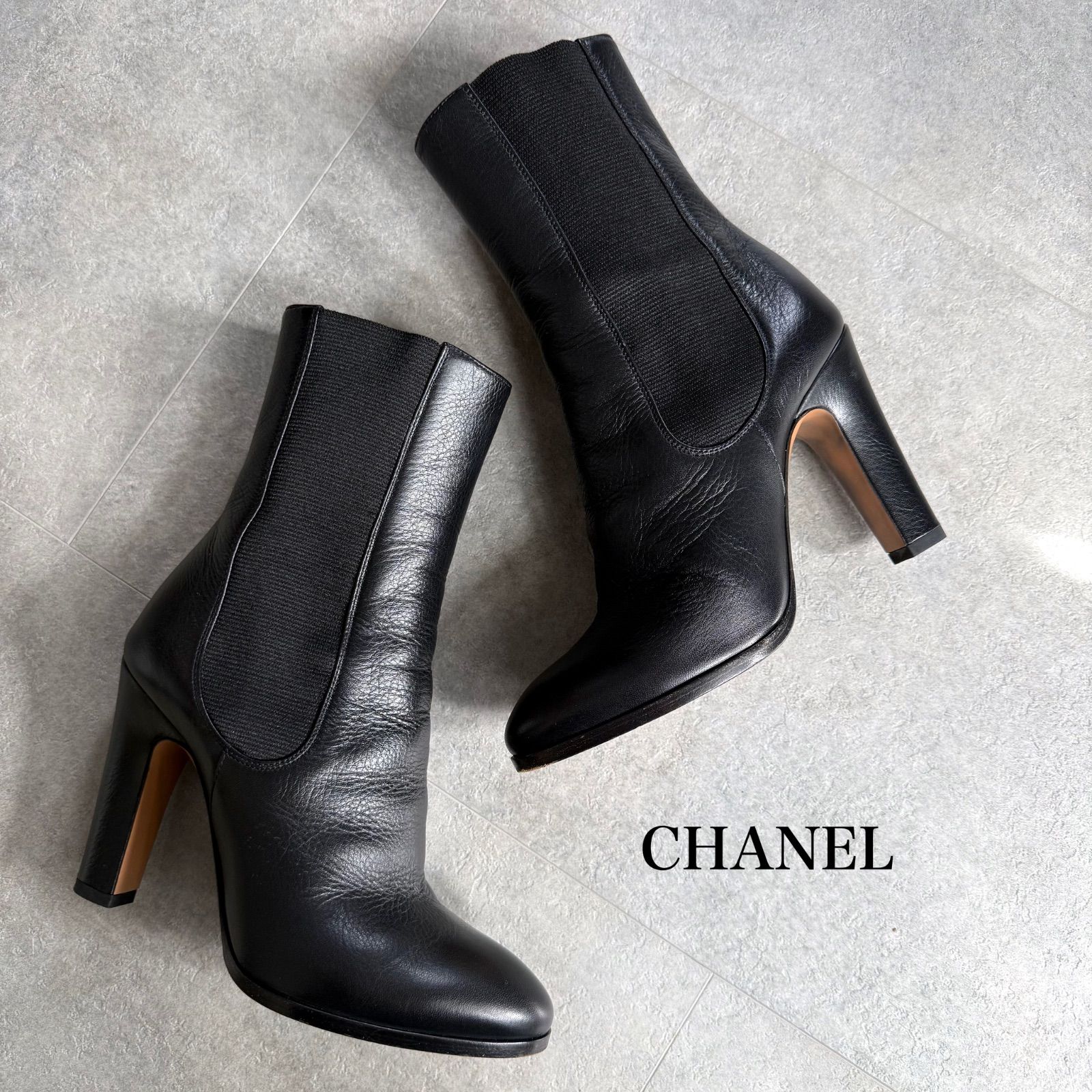 美品 CHANEL シャネル ココマーク サイドゴアブーツ レザー ブラック