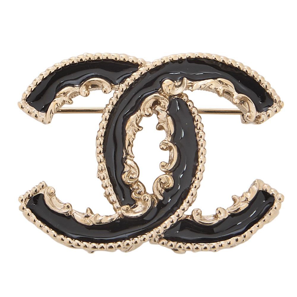 CHANEL シャネル ココマーク 14V ブローチ GP×エナメル 黒xシャンパン