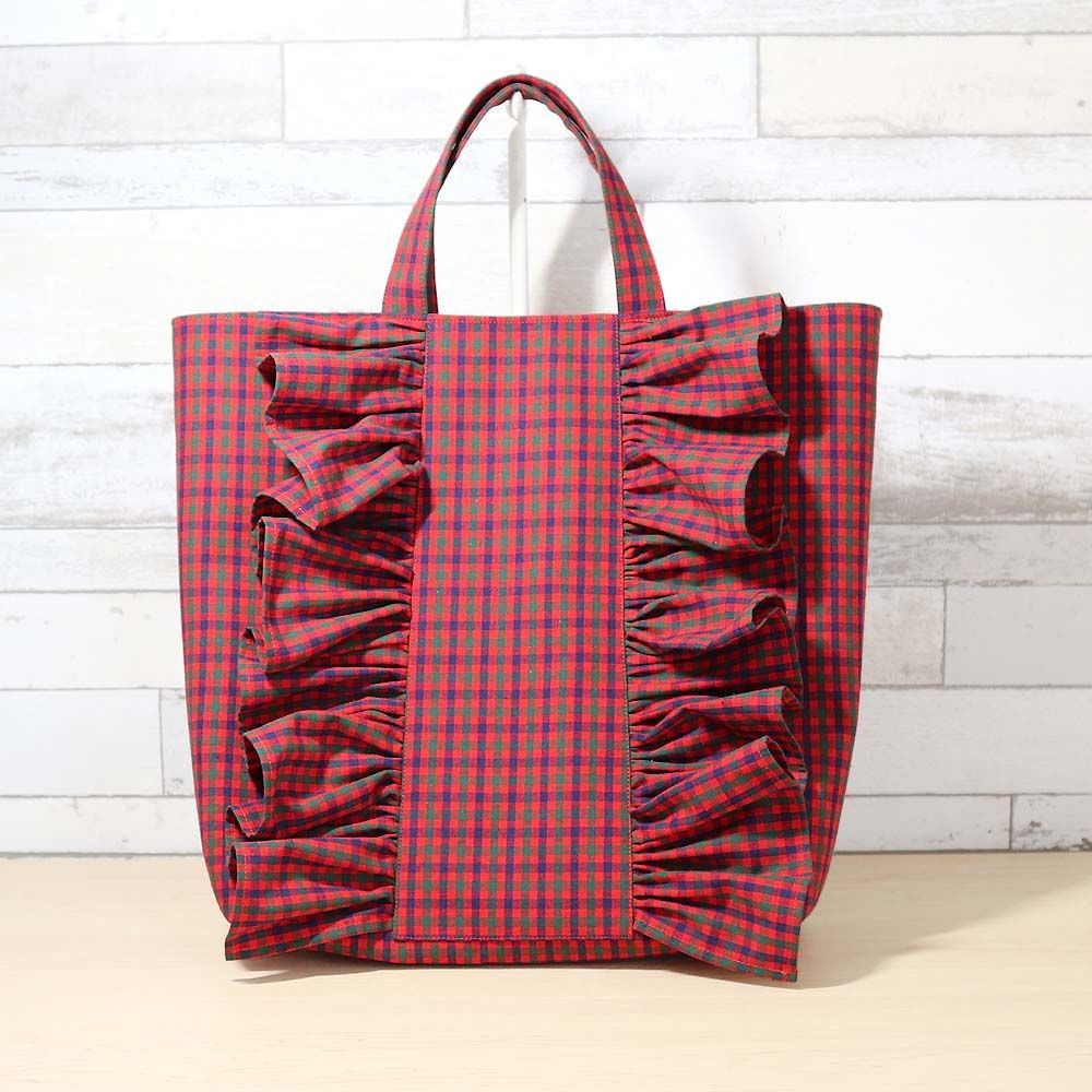 フリル付き ファミリア風 赤チェック マチあり ポケット付き トート