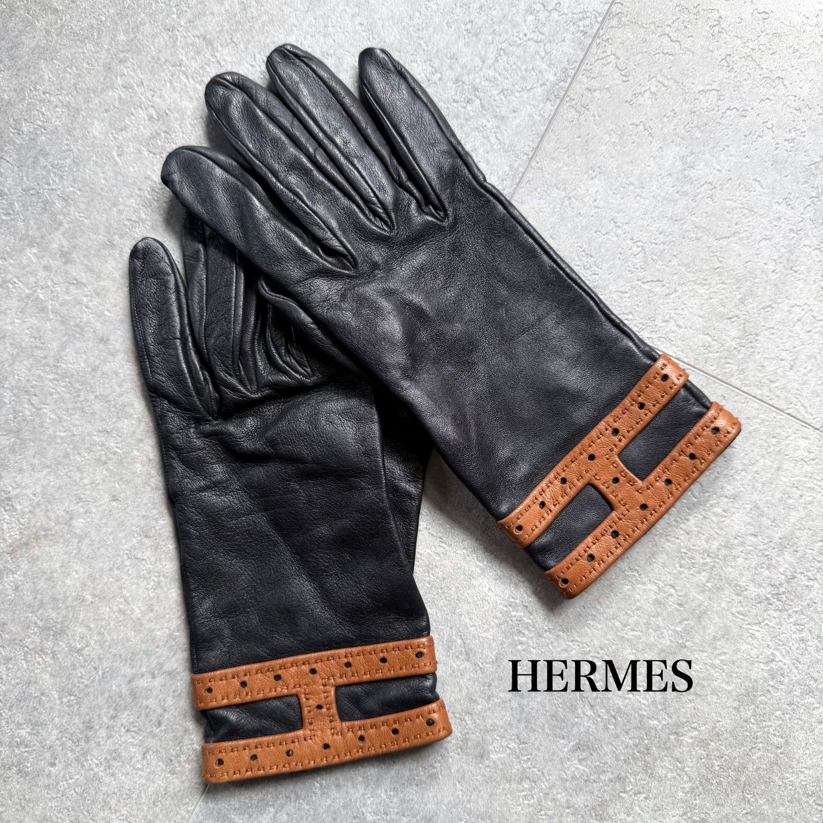 HERMES エルメス Hロゴ ラムレザー グローブ 手袋 レディース 6ハーフ