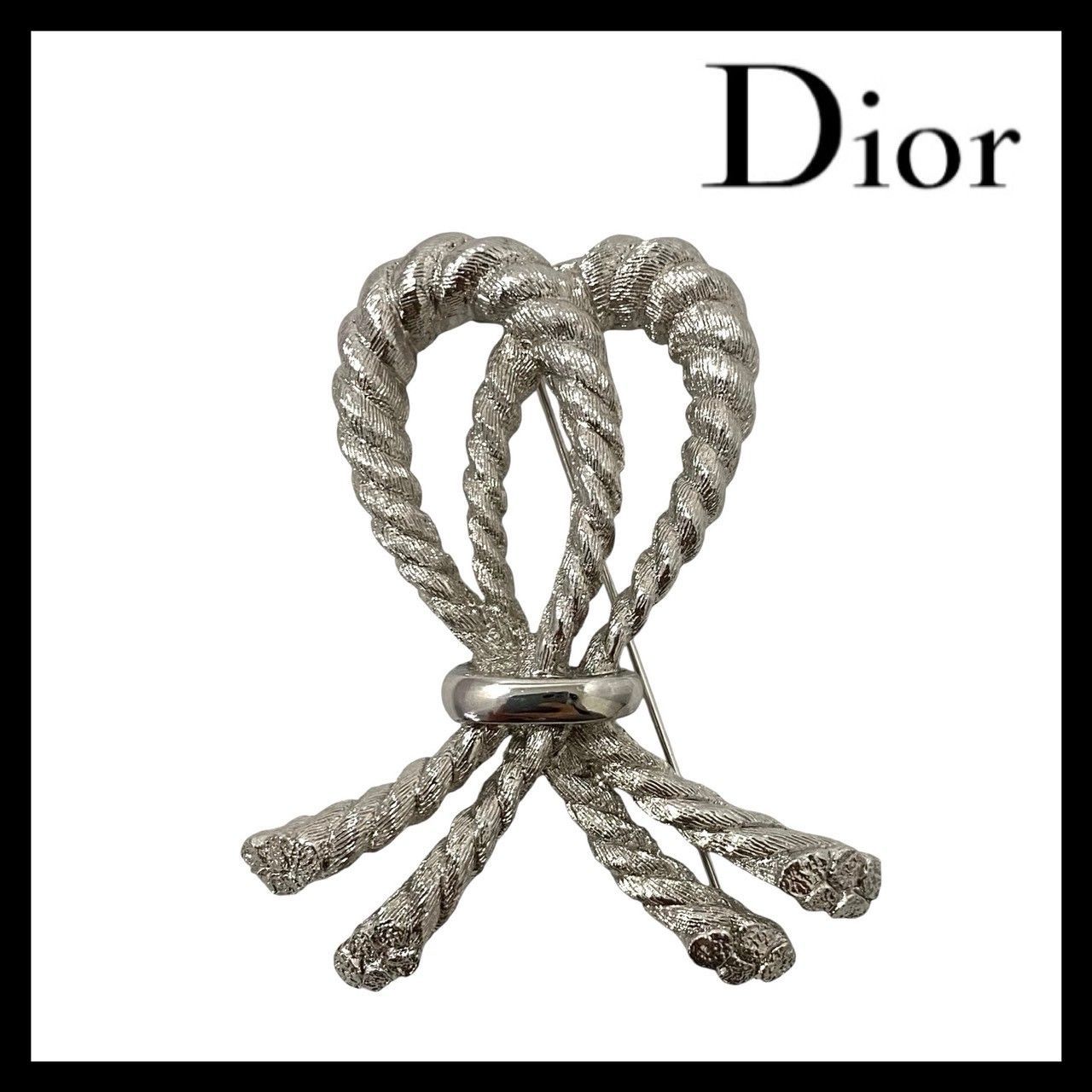 U【Dior】ロープ モチーフ ブローチ シルバーカラー リボン コサージュ