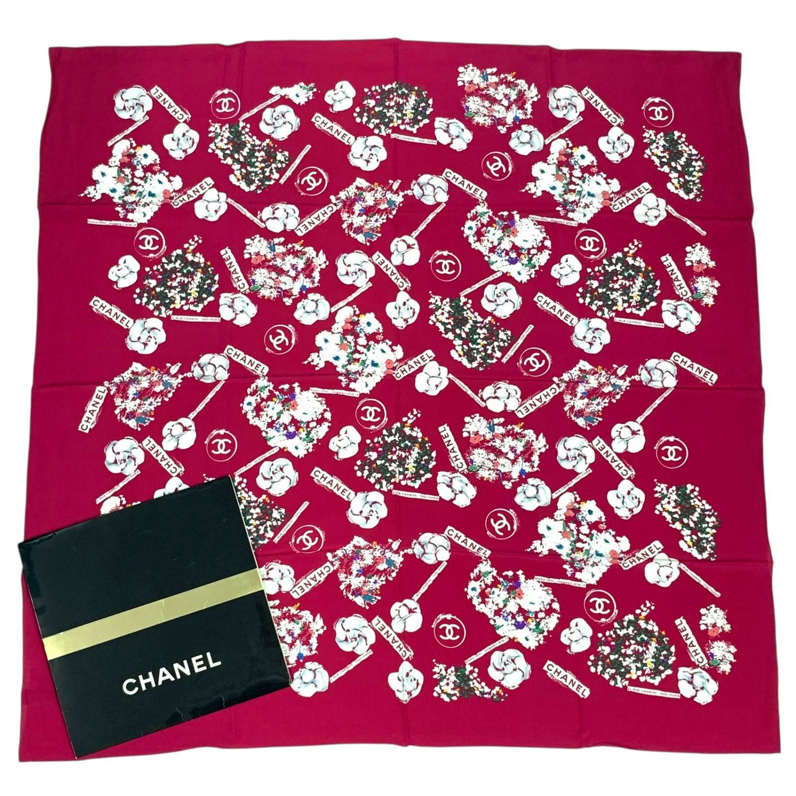 未使用品 CHANEL シャネル 大判 ココマーク シルク スカーフ ピンク 箱