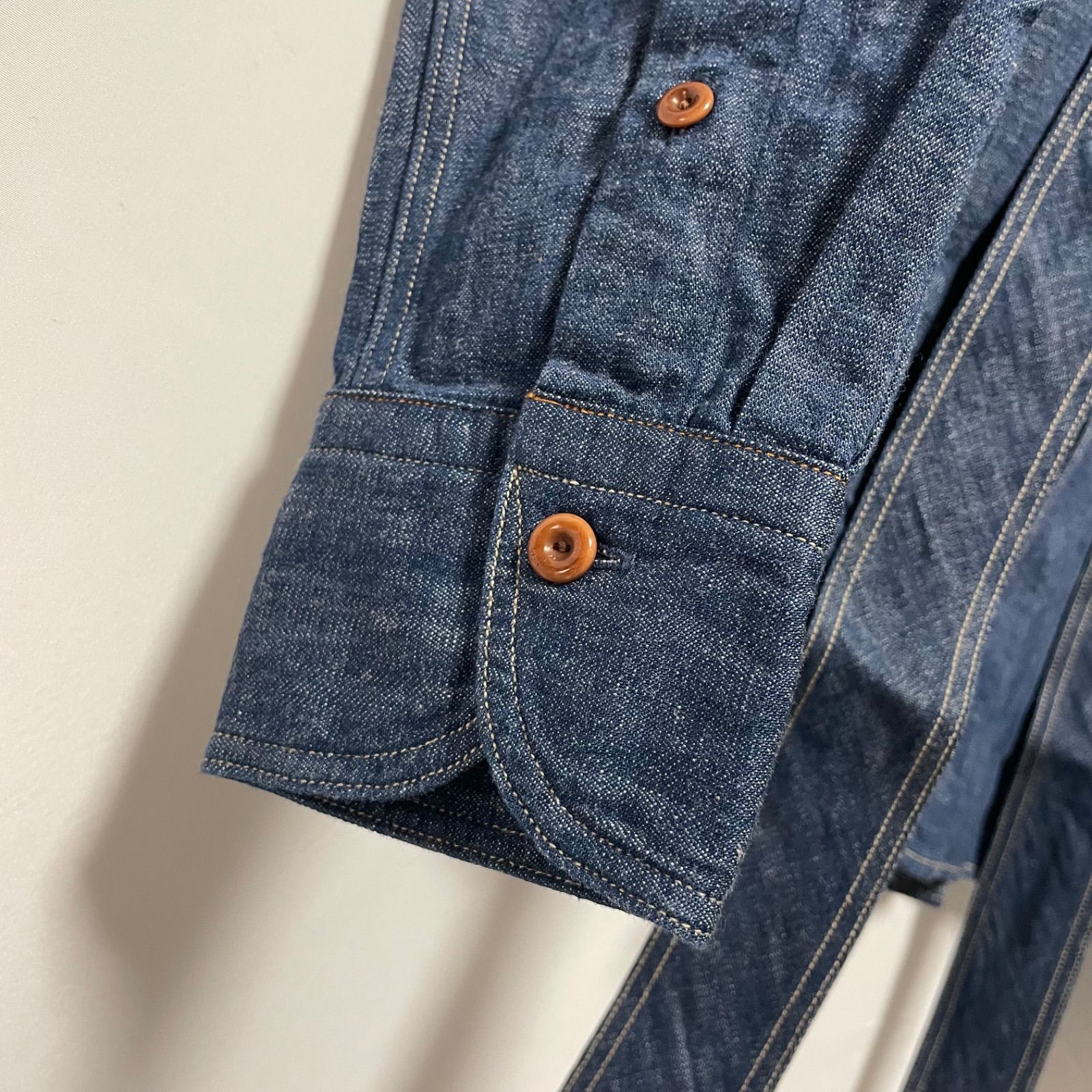 美品/45R/ボウタイ タイリボン付きデニムシャツ ブラウス/3/INDIGO