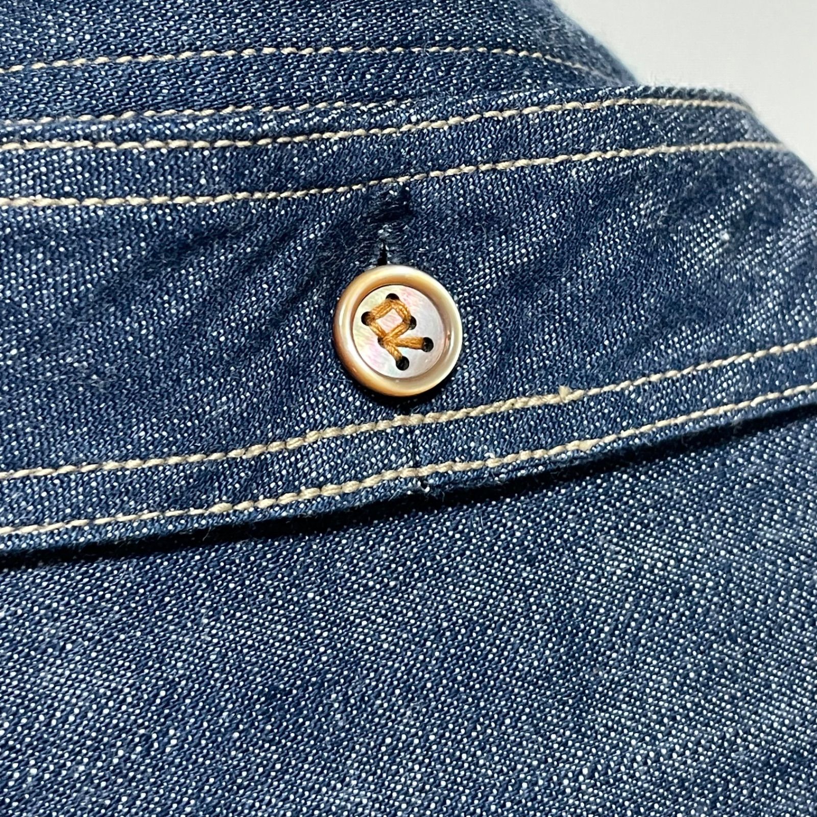 美品/45R/ボウタイ タイリボン付きデニムシャツ ブラウス/3/INDIGO
