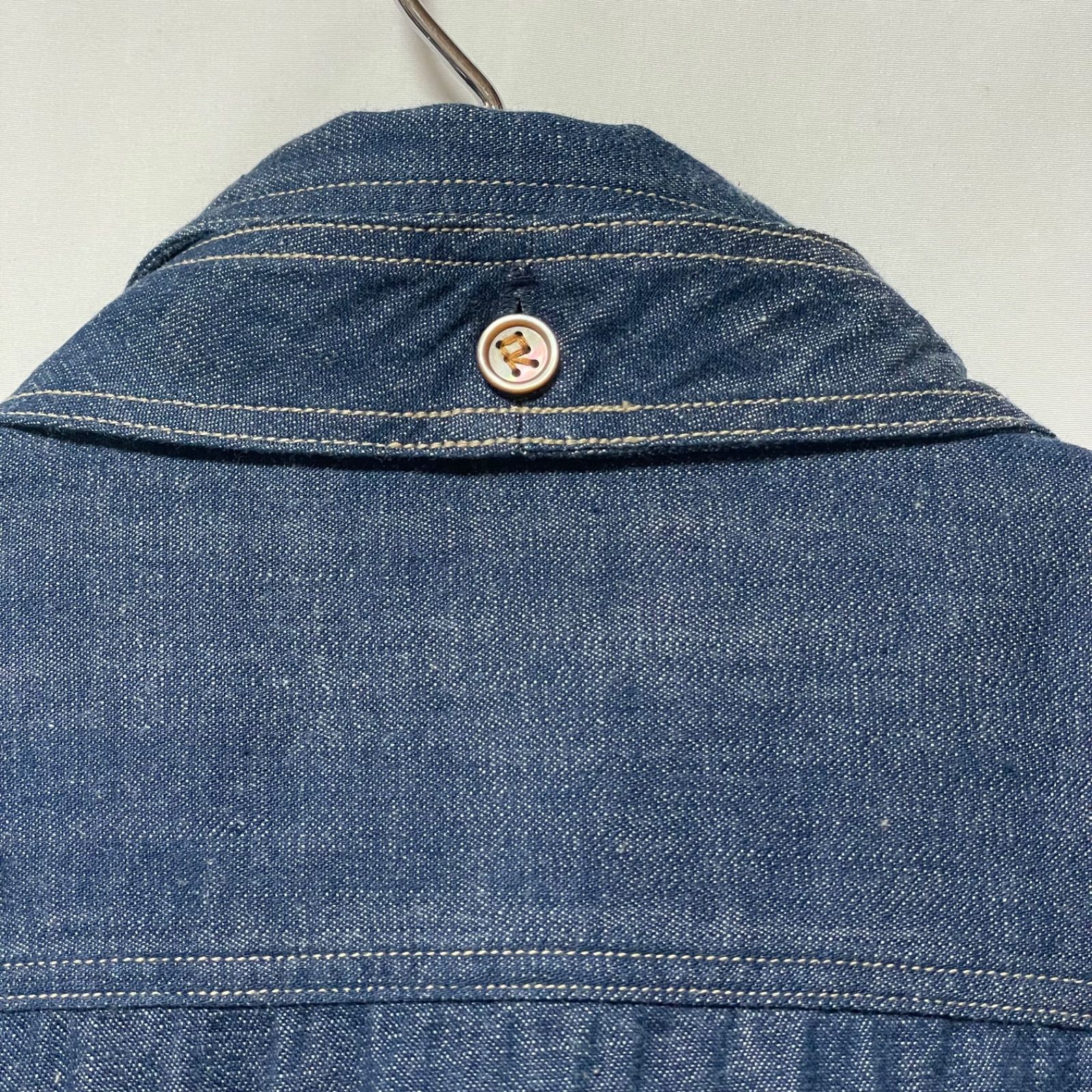 美品/45R/ボウタイ タイリボン付きデニムシャツ ブラウス/3/INDIGO