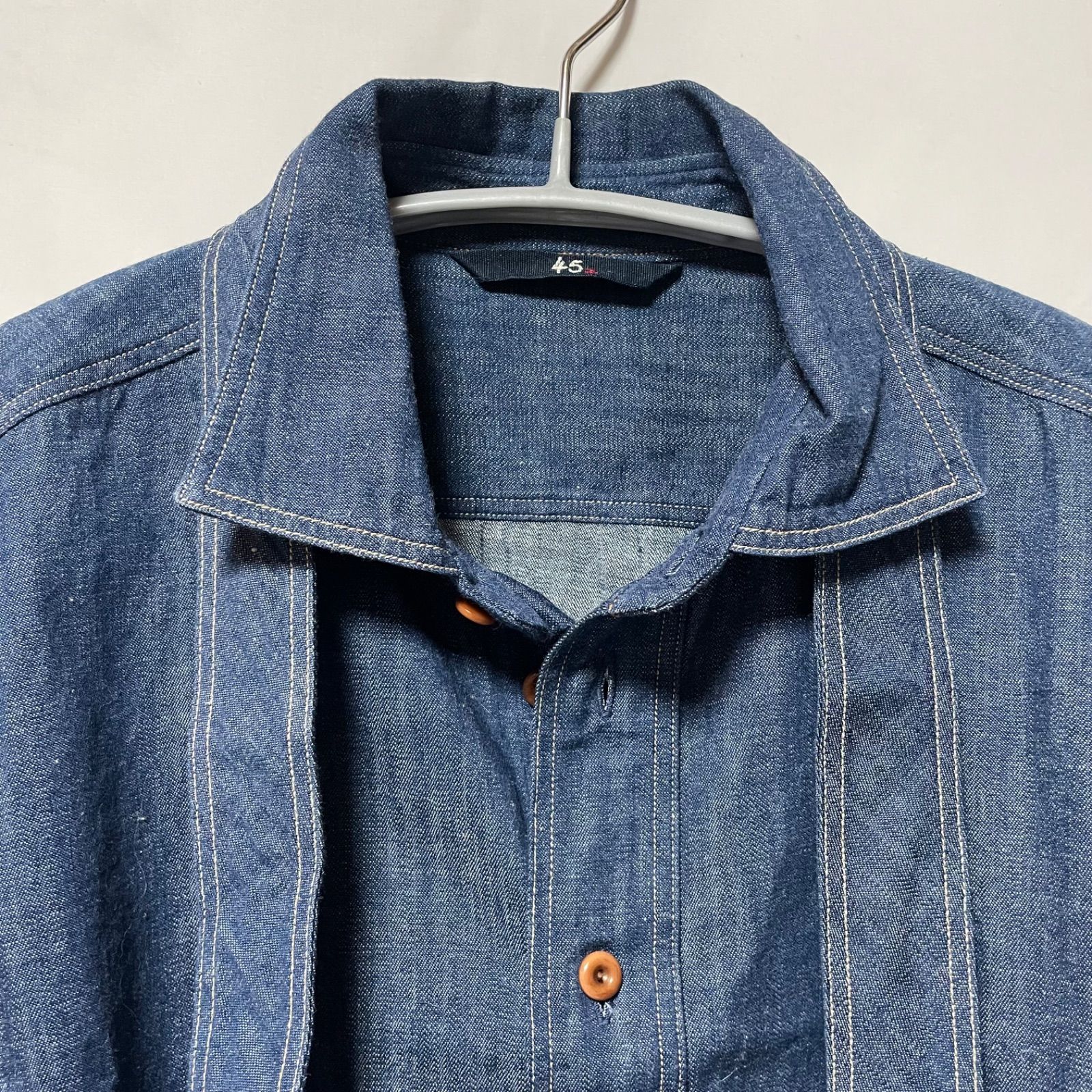 美品/45R/ボウタイ タイリボン付きデニムシャツ ブラウス/3/INDIGO