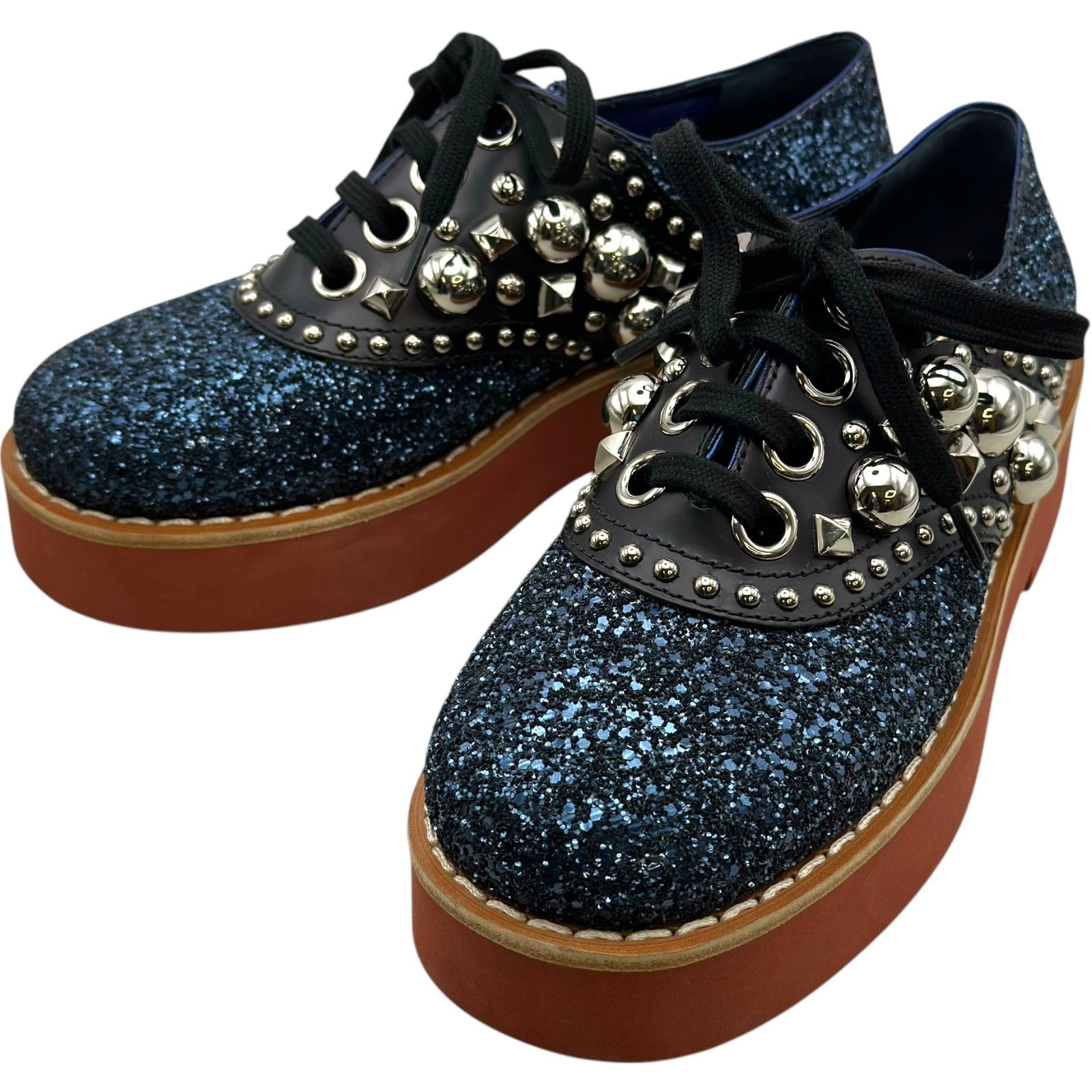 ミュウミュウ miu miu スタッズ装飾グリッタードレスシューズ ブルー