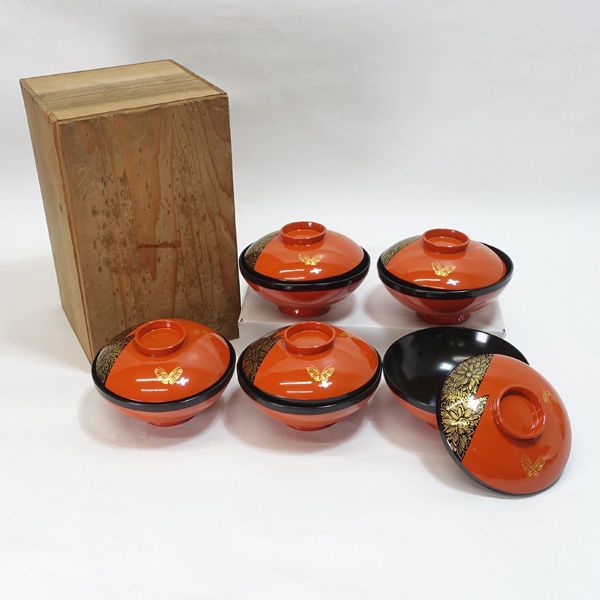 輪島塗 ◇【漆器】輪島塗/朱塗金蒔絵蝶 蓋付椀揃（5個組） ギフト