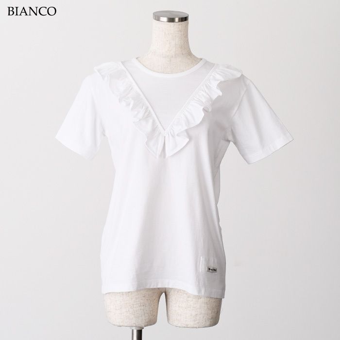 新品未使用品 miumiu フリルカットソー 訳あり】 MIUMIU ミュウミュウ Tシャツ Vカット フリル トップス