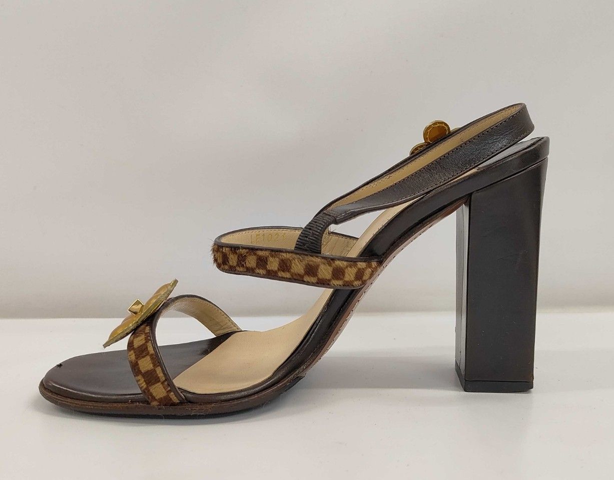 LOUIS VUITTON ダミエ フラワー ブロックヒール サンダル (JP 23.3)(EU