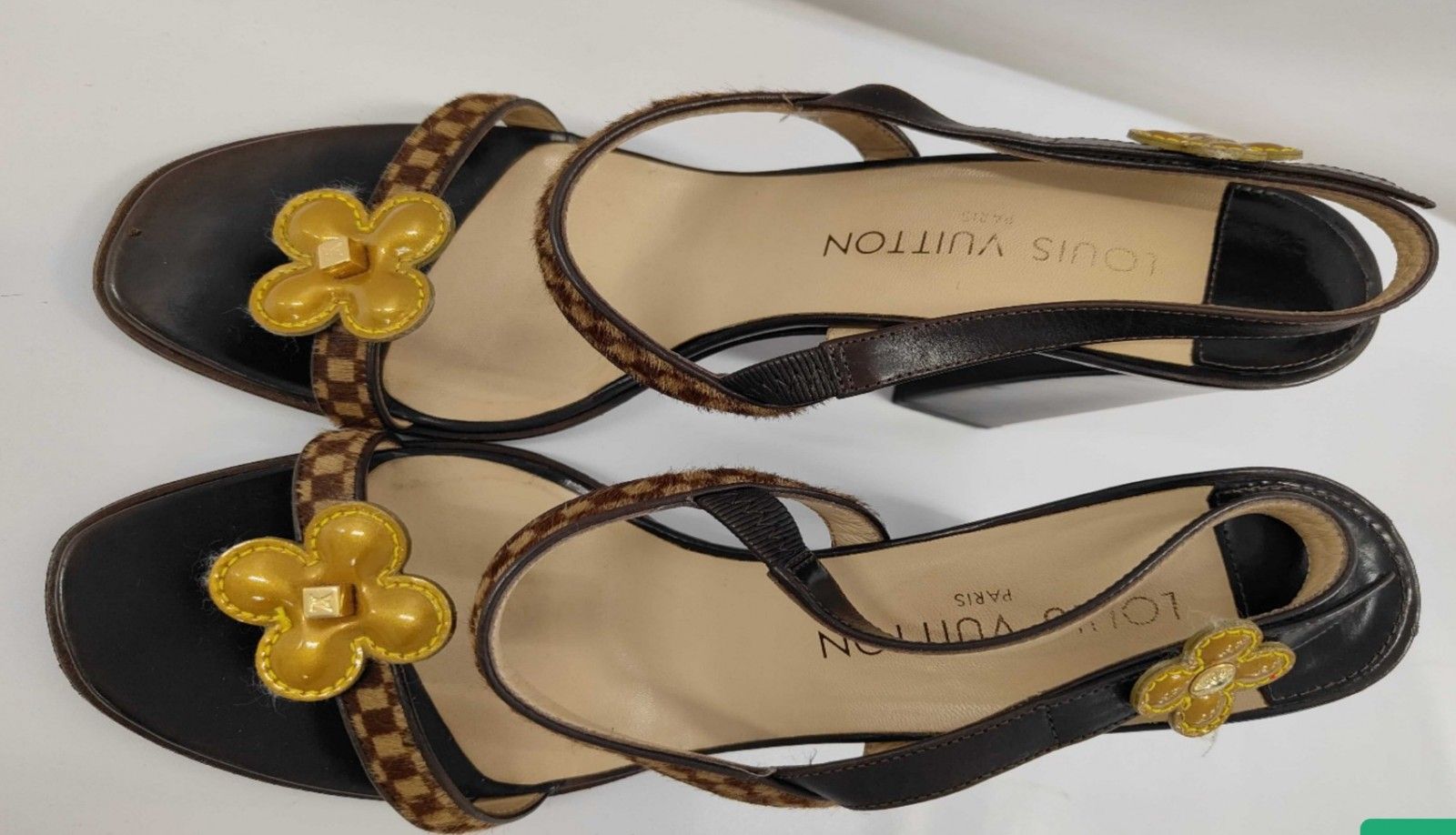 LOUIS VUITTON ダミエ フラワー ブロックヒール サンダル (JP 23.3)(EU