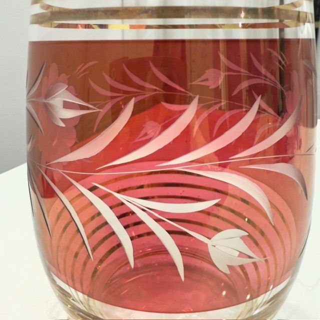 ボヘミアングラス 花柄 フラワーベース 花瓶 ブルー チェコスロバキア