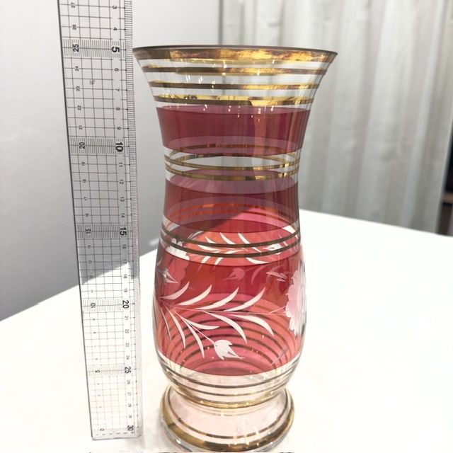 ボヘミアングラス 花柄 フラワーベース 花瓶 ブルー チェコスロバキア