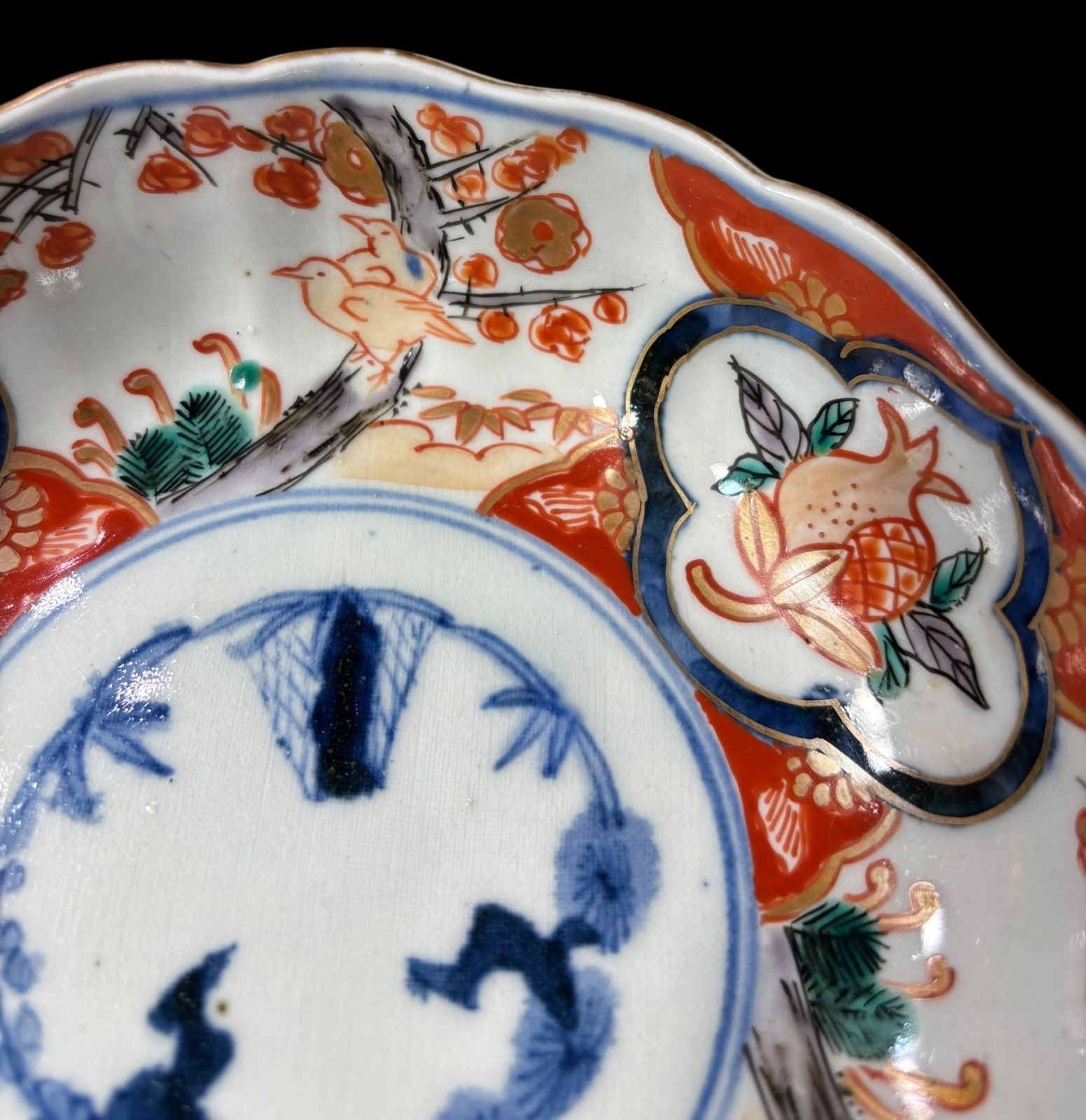 江戸時代 古伊万里 金彩 赤絵 梅鳥草花文図 なます皿 松竹梅 冨貴長春